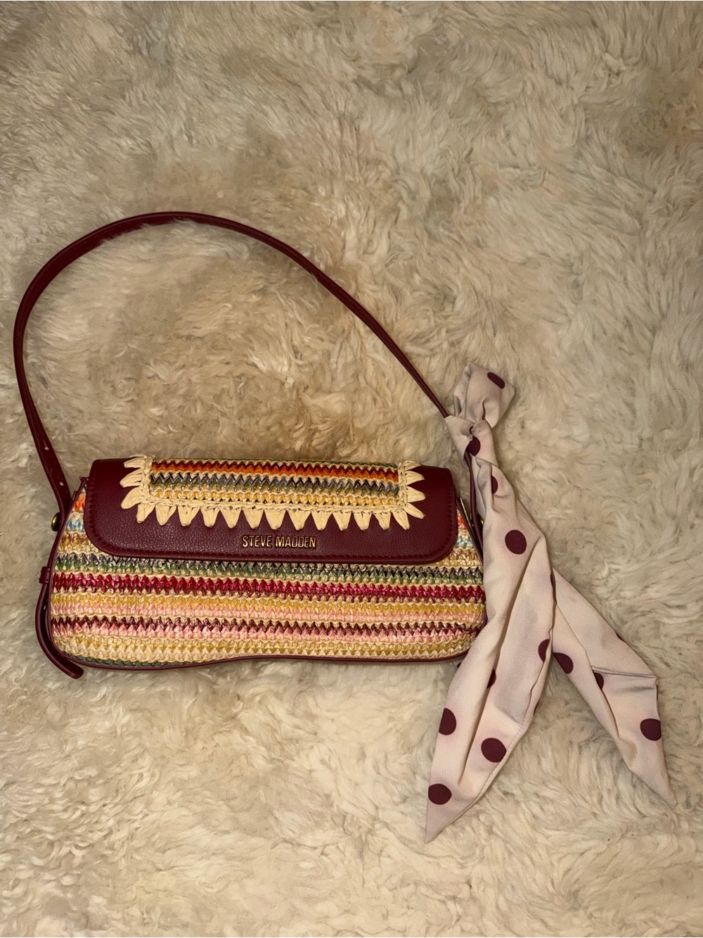 Steve Madden Burgundy Trim Multicolor Woven Shoulder Bag with Polka Dot Scarf